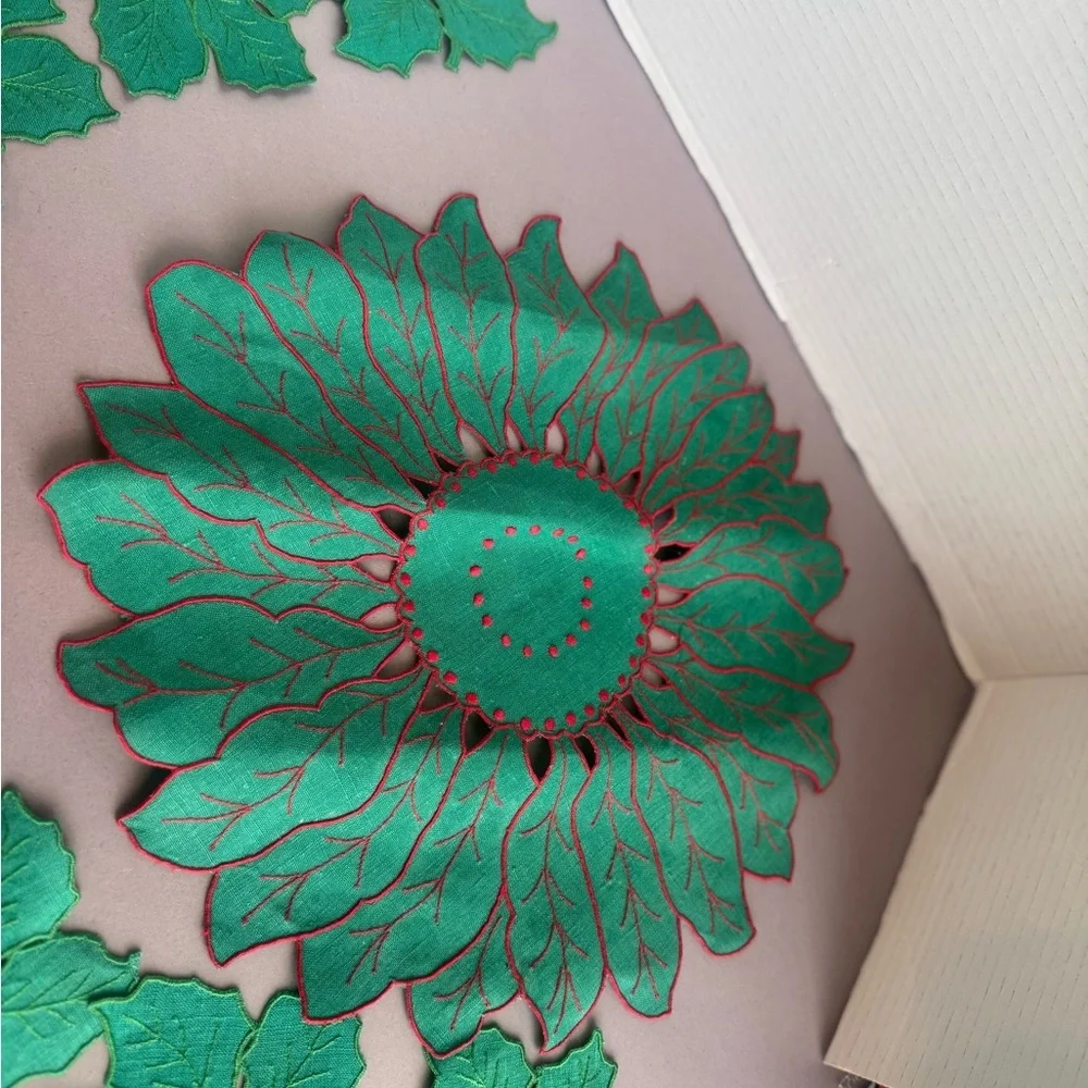 Vintage Green Holly Leaf Table Coasters and Placemat Set